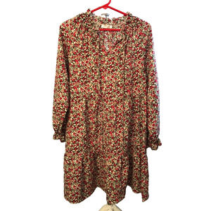 Kirundo Red Rose Long Sleeve Keyhole Neck Ruffle Hem Boho Dress Small
